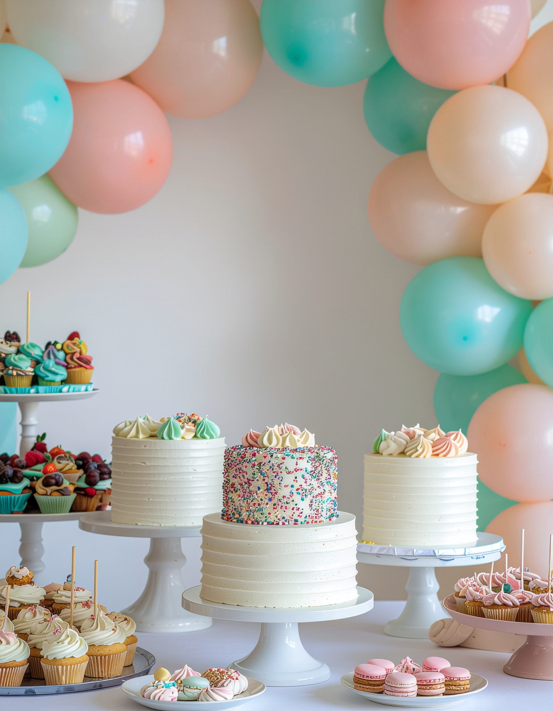 Mesa decorada com bolos de aniversário, cupcakes e macarons em tons pastel, acompanhada por balões coloridos em um ambiente claro, transmitindo uma atmosfera festiva e leve. A iluminação suave realça as texturas detalhadas dos confeitos e a organização harmoniosa dos doces sobre suportes brancos.